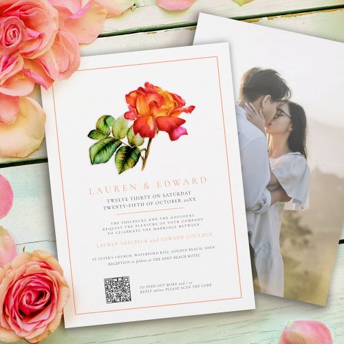 Rose orange stripe watercolor wedding QR code Invitation