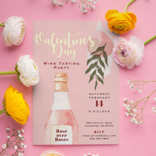 Rosé over Roses Pink Valentine's Day Party Gold Foil Invitation