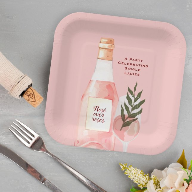 Rosé over Roses Valentine's Day Party Pink Wine Paper Plates (Creator Uploaded)