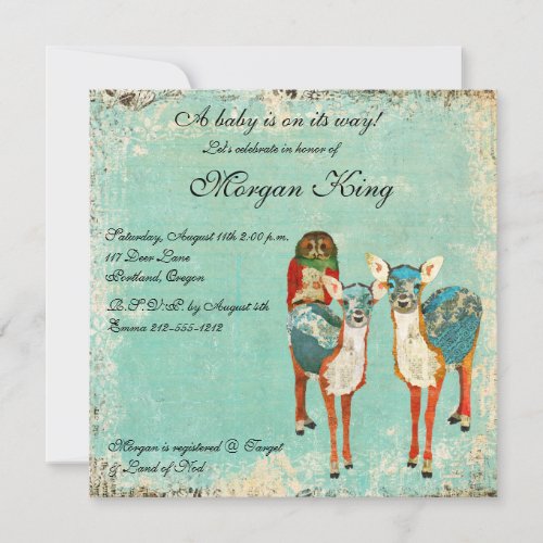 Rose Owl &amp; Azure Deer Baby Shower Invitation