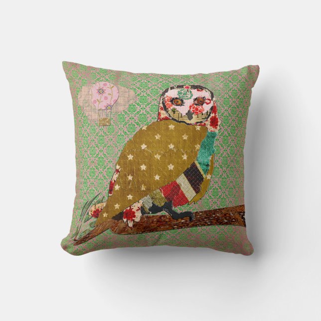 Rose Owl Boho Damask Mojo Pillow (Front)