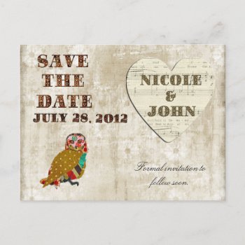 Rose Owl Save The Date White Floral Vintage Postca Announcement Postcard by Greyszoo at Zazzle