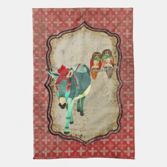 Rose Owls & Ruby Donkey Towel (Vertical)