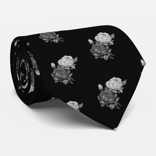 Rose Pattern Black and White Neck Tie (Rolled)