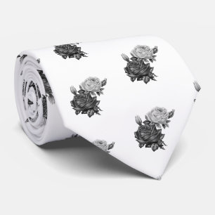Rose Pattern Black and White Neck Tie