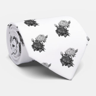 Rose Pattern Black and White Neck Tie