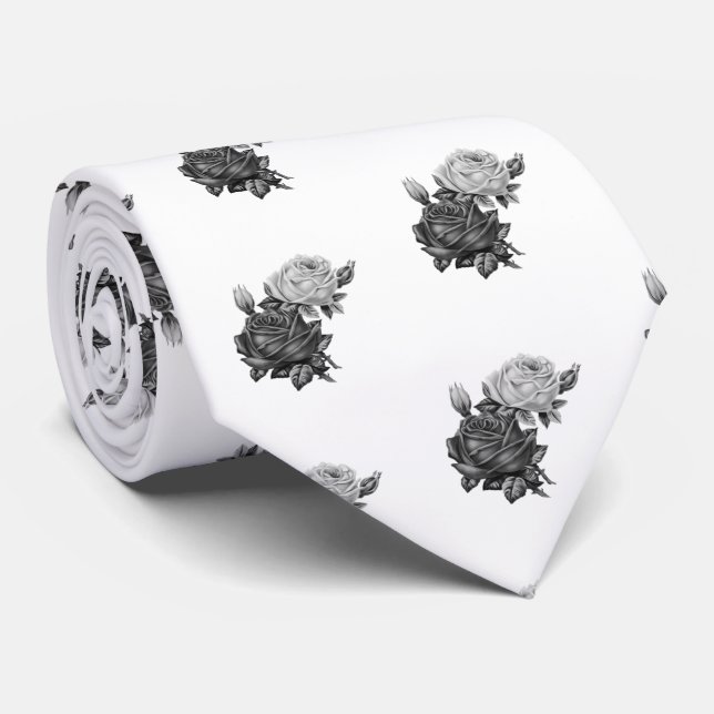 Rose Pattern Black and White Neck Tie (Rolled)