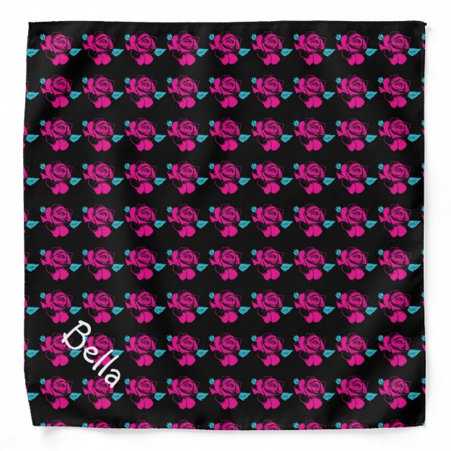 Rose Pattern Black Pink Mint Pet Name Template Bandana (Front)