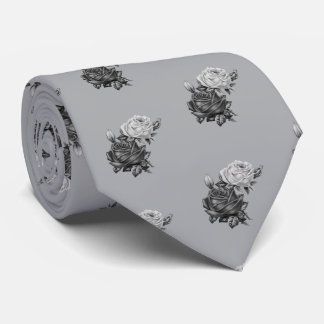 Rose Pattern Black Silver Gray Grey White Neck Tie
