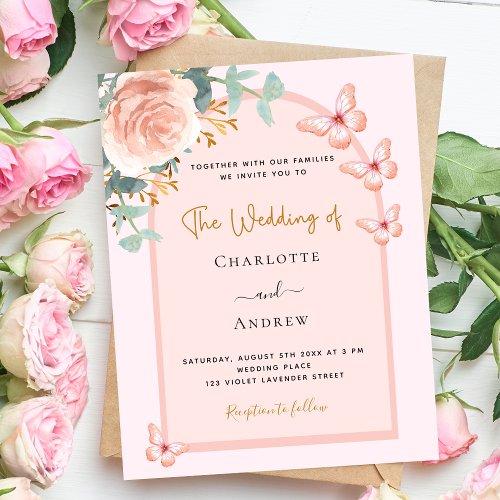 Rose peach floral greenery arch budget wedding