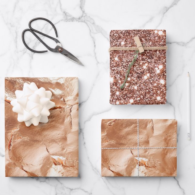 Rose Peach Gold Glam Wrapping Paper Sheets (Front)