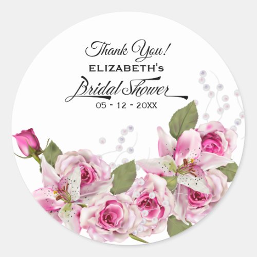 Rose Pearl Lily Pink Bridal Shower Classic Round Sticker