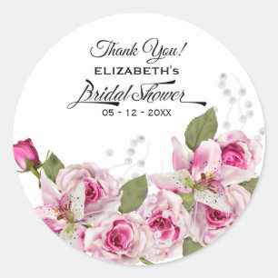 Rose Pearl Lily Pink Bridal Shower Classic Round Sticker