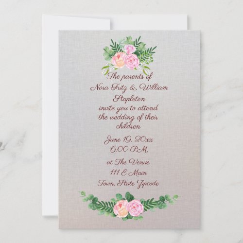 Rose Peony and Eucalyptus Watercolor Wedding Invitation