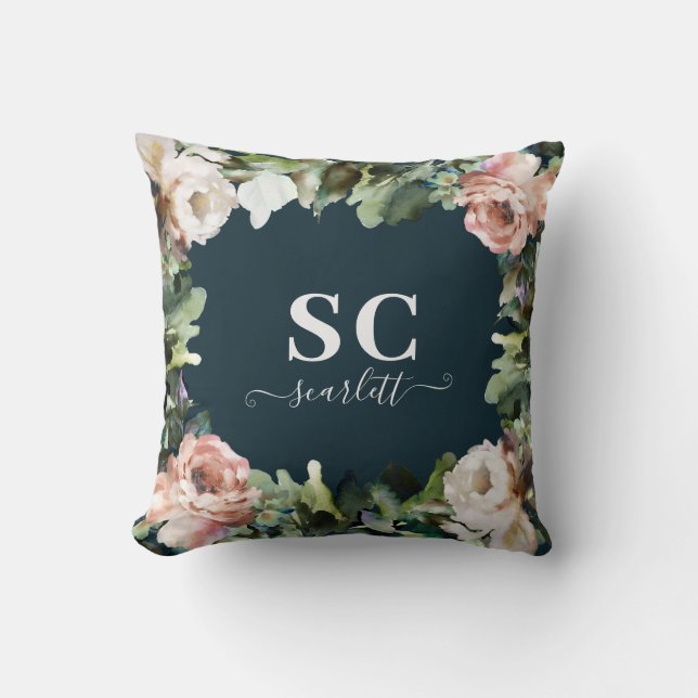 Rose peony floral and foliage eucalyptus stylish throw pillow (Front)