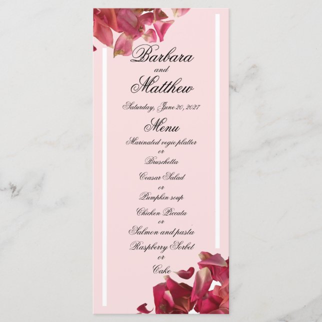 Rose Petal Pink Romantic Wedding Reception Menu (Front)