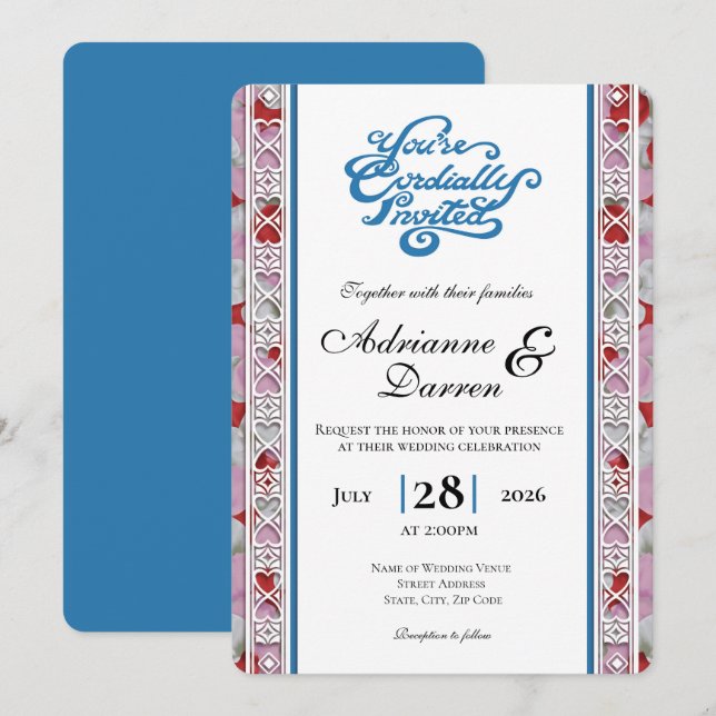 Rose Petal Wedding Invite 2 with Blue Letters (Front/Back)
