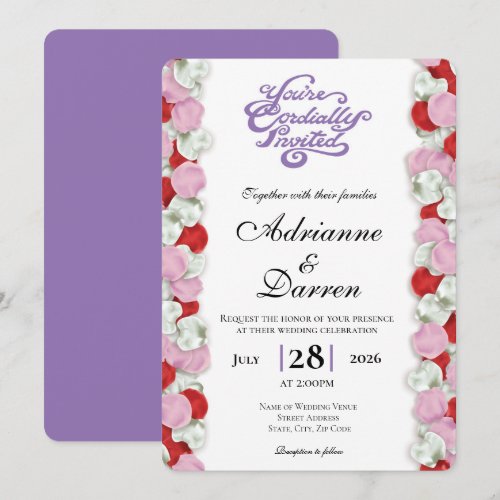 Rose Petal Wedding Invite 4 with Purple Letters