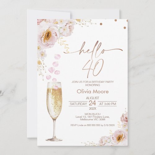 Rose Petals Champagne Glass Hello 40 Birthday Invitation