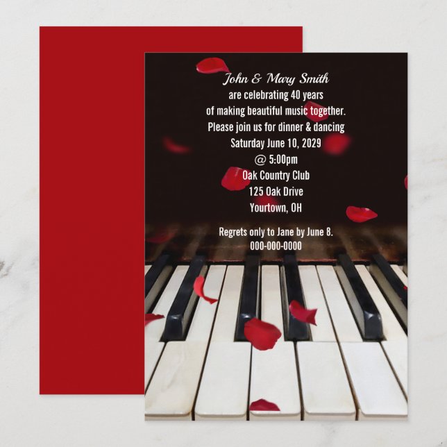 Rose Petals on Piano 40th Anniversary Party Invitation (Front/Back)
