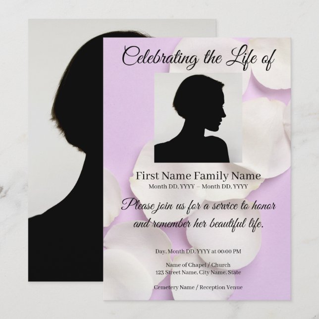 Rose petals purple memorial invitation (Front/Back)