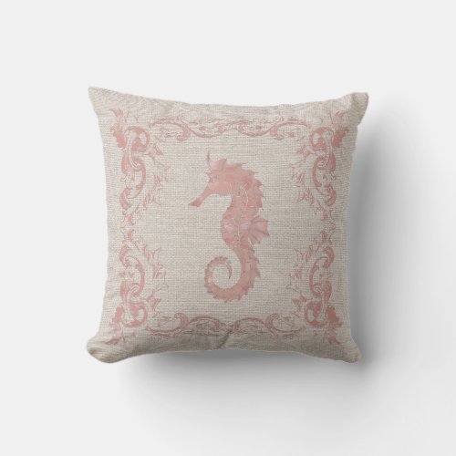 Rose Pink and Beige Seahorse Coastal Style Throw Pillow