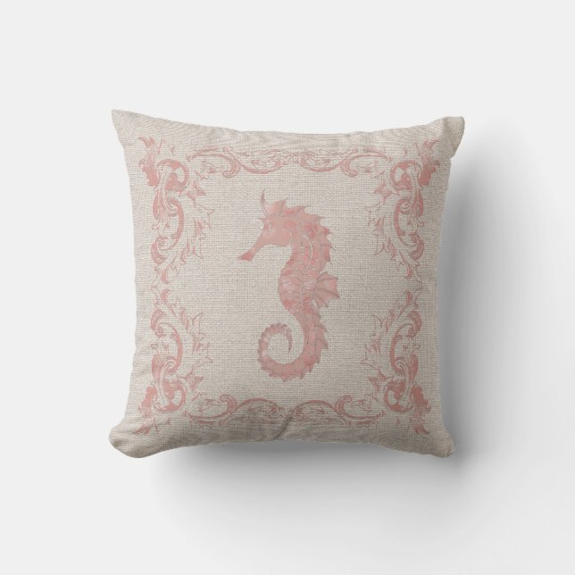 Rose Pink and Beige Seahorse Coastal Style Throw Pillow (Front)
