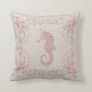 Rose Pink and Beige Seahorse Coastal Style Throw Pillow