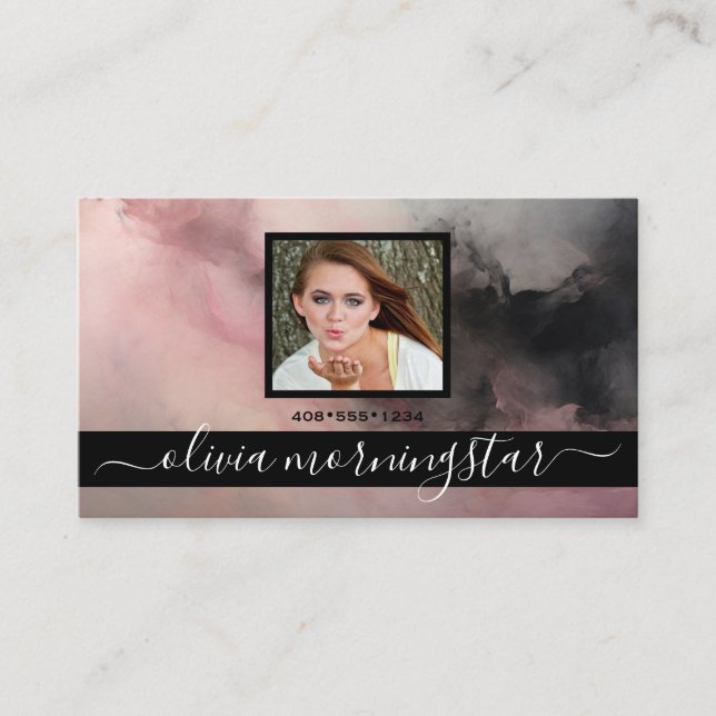 Rose Pink and Black Dark Fluid Ink QR and Photo  Business Card (Front)