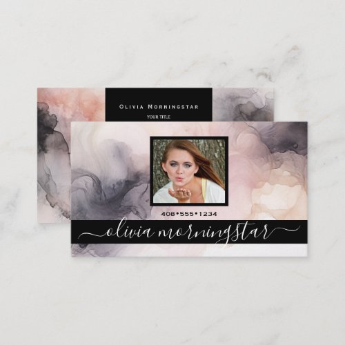 Rose Pink and Black Marbled Ink QR and Photo  Business Card