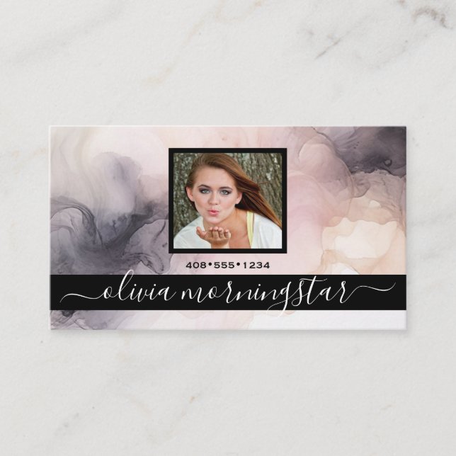 Rose Pink and Black Marbled Ink QR and Photo  Business Card (Front)