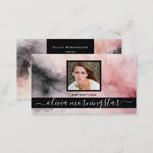 Rose Pink and Black Soft Watercolor QR and Photo  Business Card