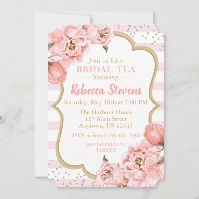 Rose Pink and Gold Bridal Tea Party Invitation (Front)