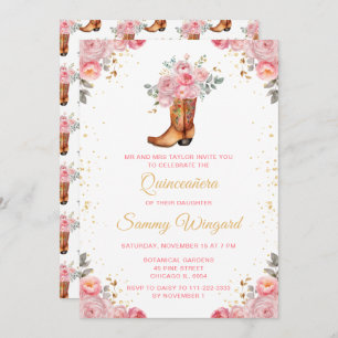 Rose Pink and Gold Floral Cowboy Boot Quinceañera Invitation
