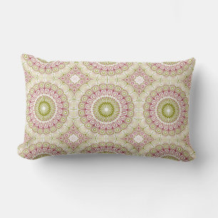Rose Pink and Olive Green Mandala Medallion Lumbar Pillow