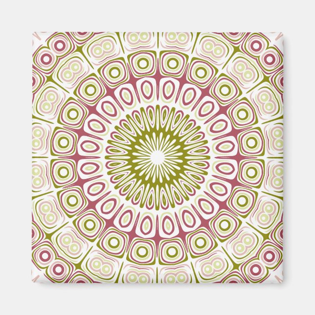 Rose Pink and Olive Green Mandala Medallion Magnet (Front)