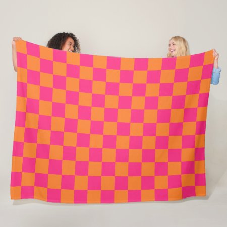 Rose Pink And Orange Checked Pattern Fleece Blanket