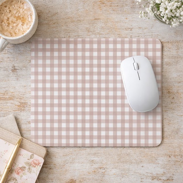 Rose Pink and White Gingham Pattern Pastel Plaid Mouse Pad (A mouse pad with a dusty rose pink and white gingham pattern.)