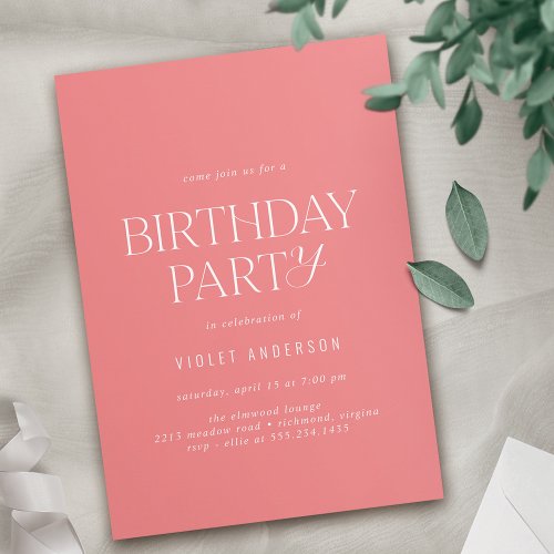 Rose Pink  Any Age Modern Minimal Birthday Party Invitation