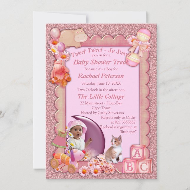 Rose-pink Baby Girl Shower Tweets Invitation (Front)