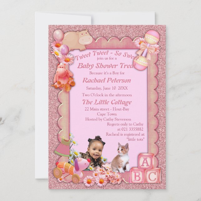Rose-pink Baby Girl Shower Tweets Invitation (Front)