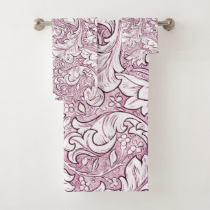 Rose Pink Baroque Ornate Foliage Bath Towel Set