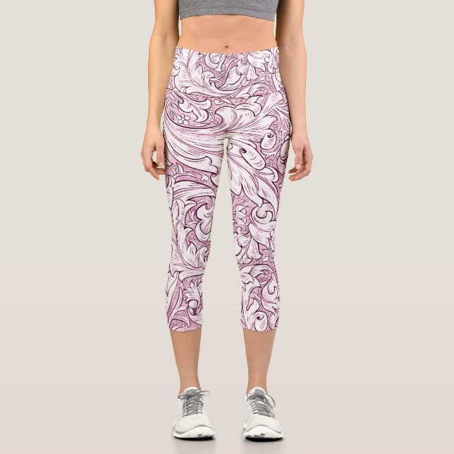 Rose Pink Baroque Ornate Foliage  Capri Leggings (Front)