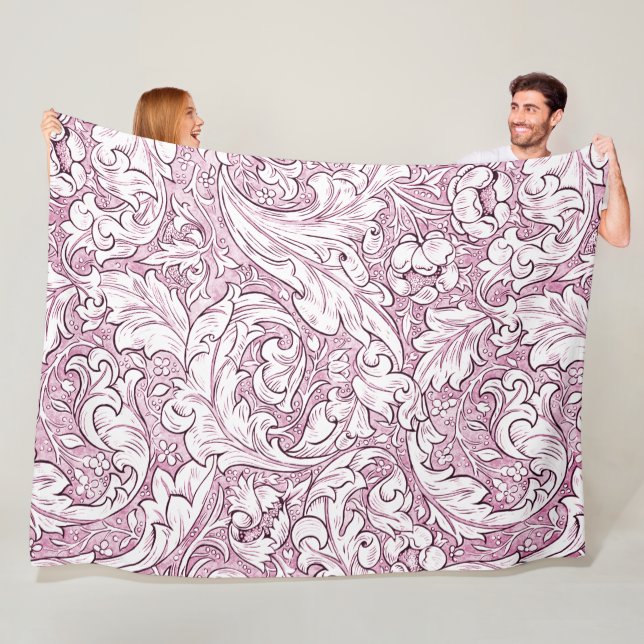 Rose Pink Baroque Ornate Foliage  Fleece Blanket (In Situ)