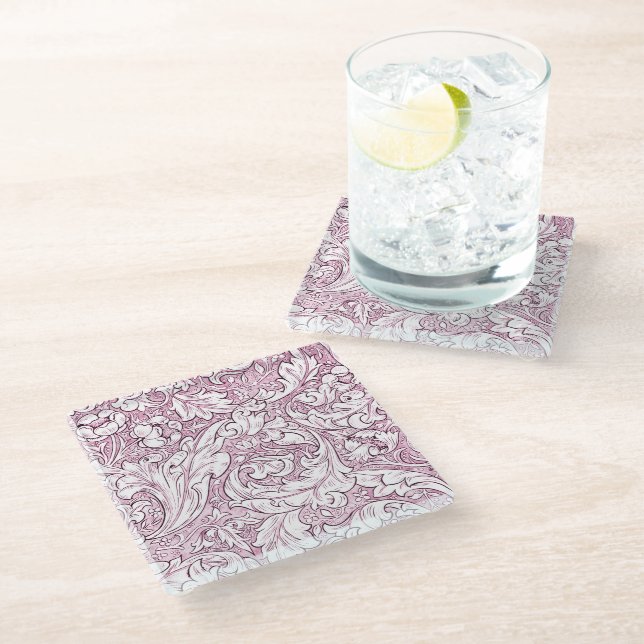 Rose Pink Baroque Ornate Foliage  Glass Coaster (Angled)