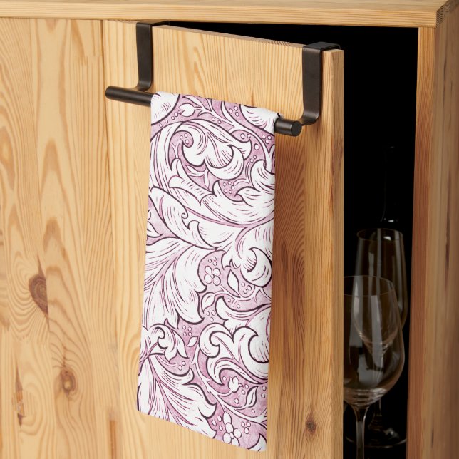 Rose Pink Baroque Ornate Foliage  Kitchen Towel (Thirds Fold)