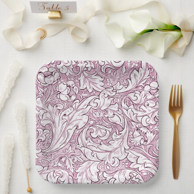 Rose Pink Baroque Ornate Foliage  Paper Plates (Wedding)