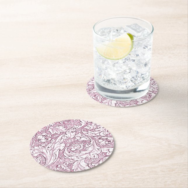 Rose Pink Baroque Ornate Foliage  Round Paper Coaster (Insitu)