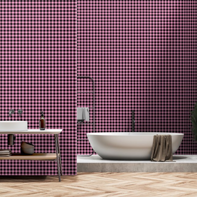 Rose Pink Black One Inch Lumberjack Buffalo Plaid Wallpaper (Bathroom)