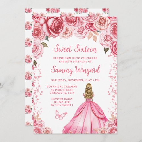 Rose Pink Blonde Hair Princess Sweet Sixteen Invitation